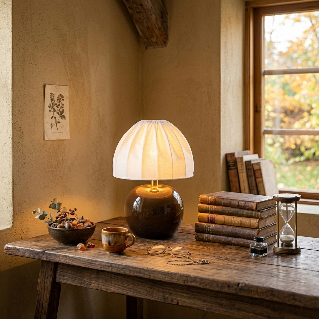 Peach 27cm Brun bordlampe Fra Cottex - Den hvite tekstilskjermen med et vakkert plissert design skaper en fin kontrast til den jordn&aelig;re basen og sprer et mykt og behagelig lys.