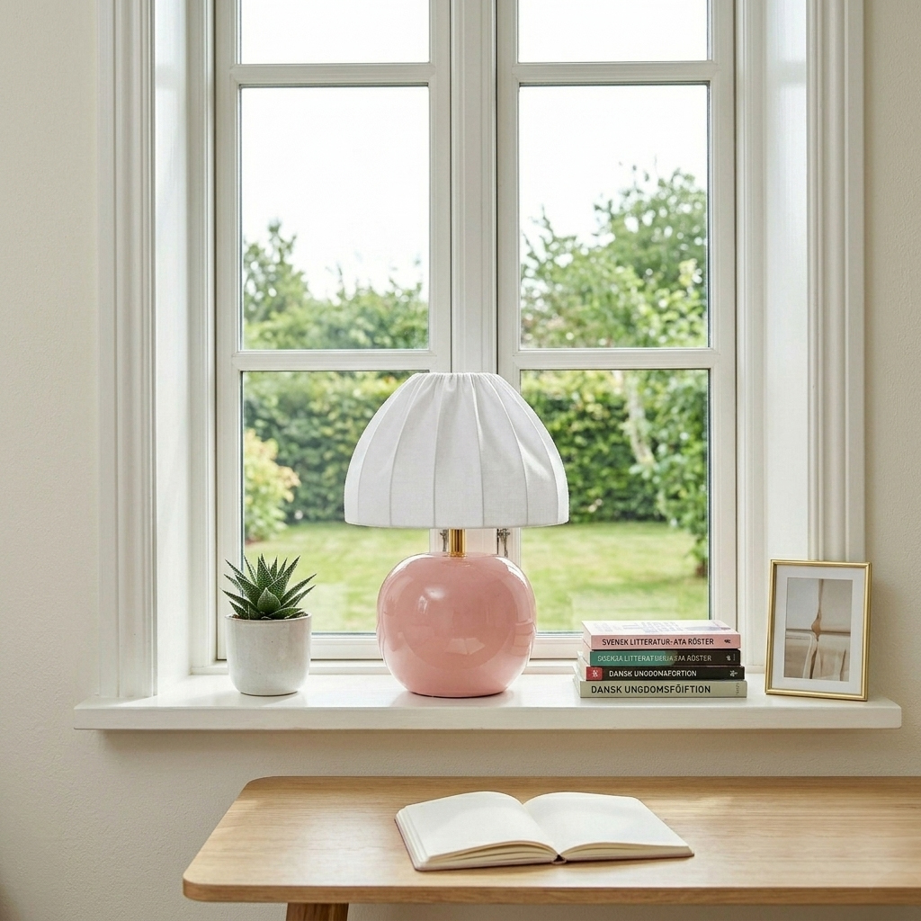 Peach 27cm Rosa bordlampe Fra Cottex - Den hvite tekstilskjermen med et vakkert plissert design skaper en fin kontrast til den fargerike foten og sprer et mykt og behagelig lys.