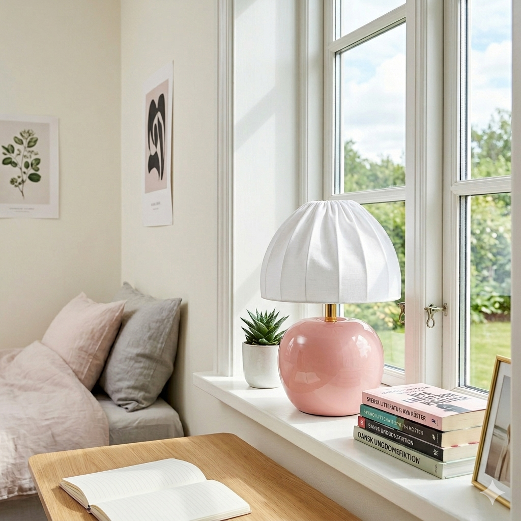 Peach 27cm Rosa bordlampe Fra Cottex - Den hvite tekstilskjermen med et vakkert plissert design skaper en fin kontrast til den fargerike foten og sprer et mykt og behagelig lys.
