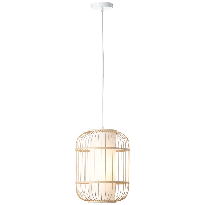 Bones Ø30 Tre Taklampe Fra Brilliant - Skjermen er trukket i hvitt tekstil av høy kvalitet som gir en myk lysfordeling, mens detaljer i bambus – et fornybart og miljøvennlig materiale – bidrar til en naturlig og koselig følelse.