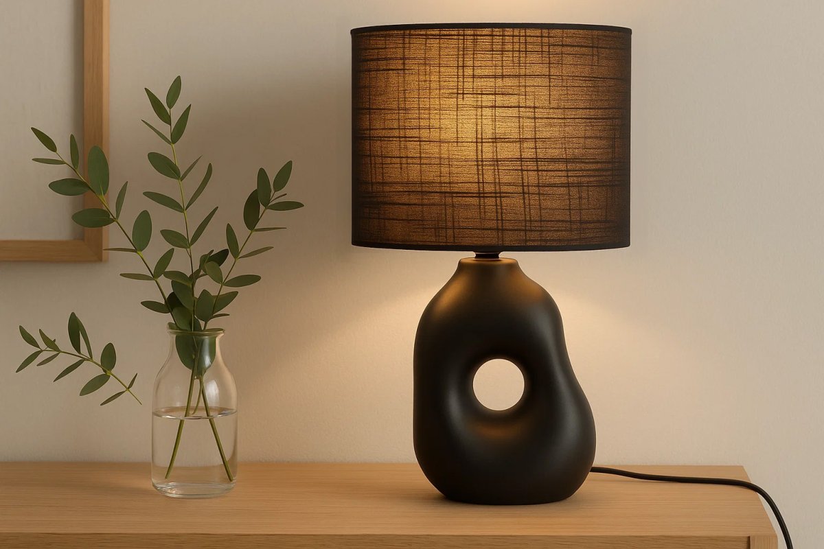 Pikazo 45cm Svart bordlampe Fra Lampan - Pikazo bordlampe i svart har en unik keramisk base med en skulpturell form og et dekorativt, gjennomgående hull, komplementert av en matchende, oval linskjerm.
