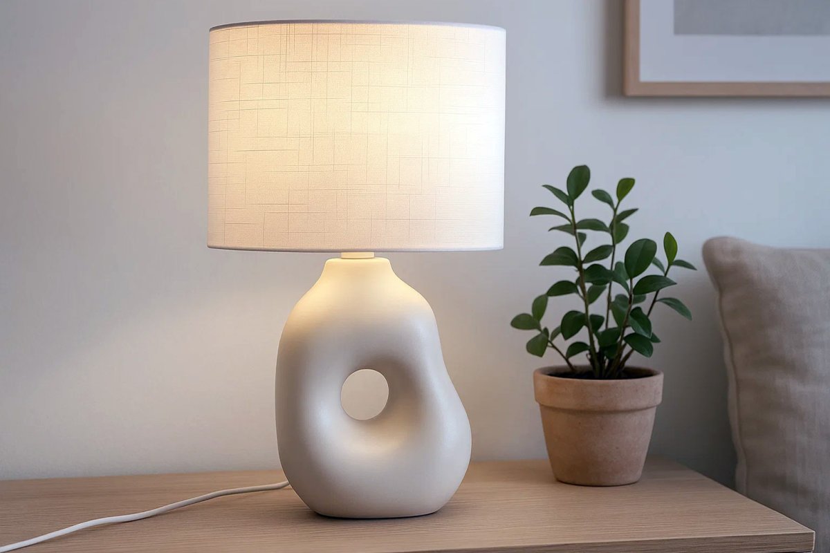 Pikazo 45cm Hvit bordlampe Fra Lampan - Pikazo bordlampe har en unik keramisk base med en skulpturell form og et dekorativt, sammenhengende hår, kombinert med en hvit og oval linskjerm.