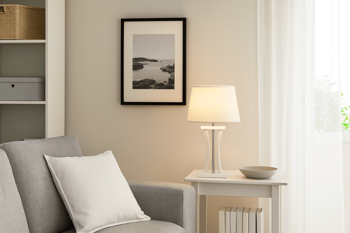 Pilastro 48cm Hvit bordlampe Fra Lampan - Med sin elegante hvite, ovale lampeskjerm laget av tekstil og unike metallfot gir den et stilig inntrykk uansett om du plasserer den i stuen, soverommet eller p&aring; balkongen.
