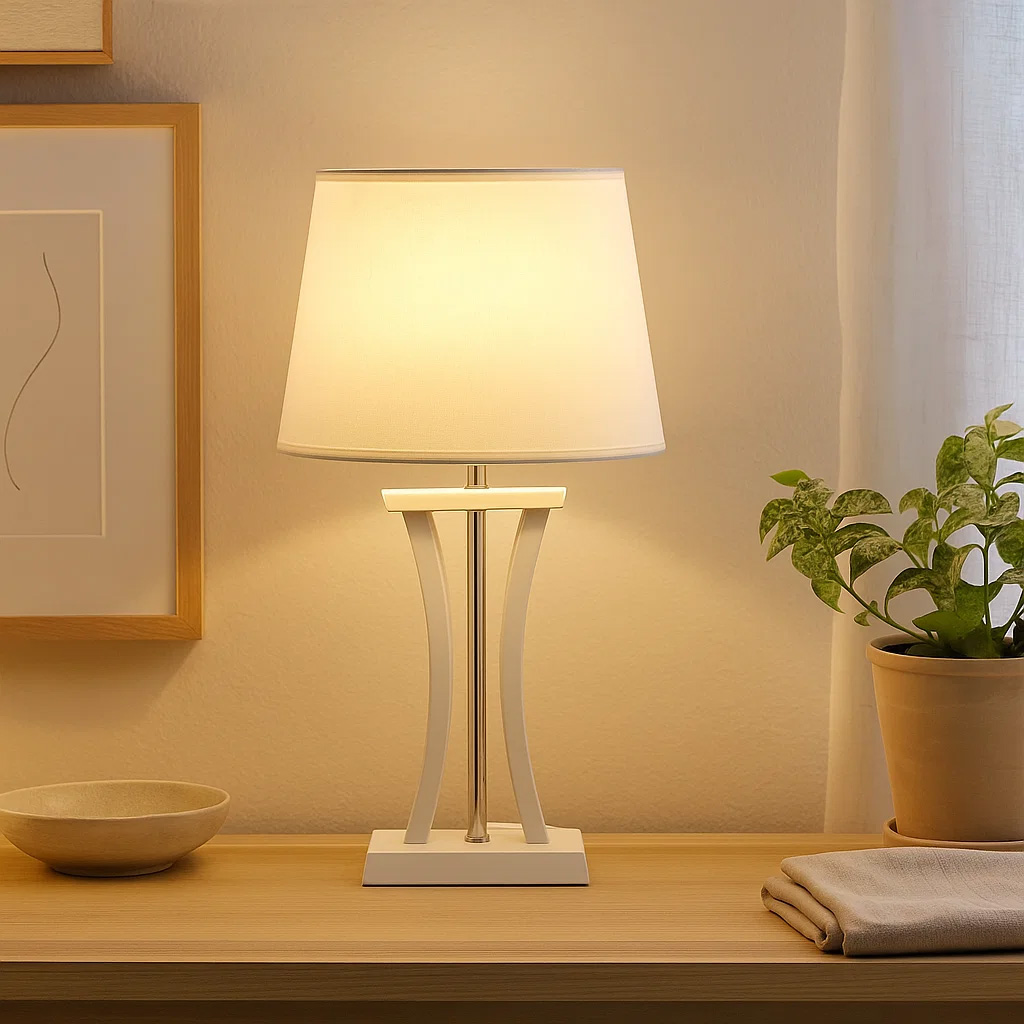 Pilastro 48cm Hvit bordlampe Fra Lampan - Med sin elegante hvite, ovale lampeskjerm laget av tekstil og unike metallfot gir den et stilig inntrykk uansett om du plasserer den i stuen, soverommet eller p&aring; balkongen.