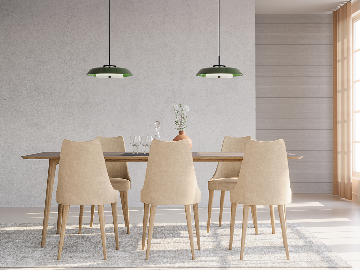 Horisont Ø43 Skoggrønn Taklampe Fra Belid - Utstyrt med integrert LED med 1200 lm og en fargetemperatur på 2700 K, som skaper en varm og behagelig atmosfære i rommet.