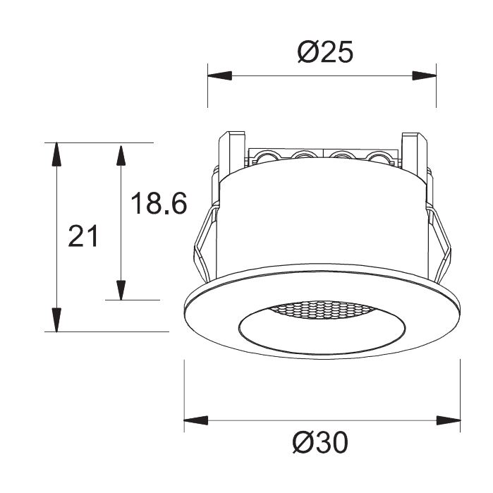 Q-20 Mini Downlight 3000K 10-pk Hvit Fra Designlight - Denne downlighten kan med fordel installeres i vindusnisjer og skap og har en minimum installasjonsdybde p&aring; kun 19 mm.
