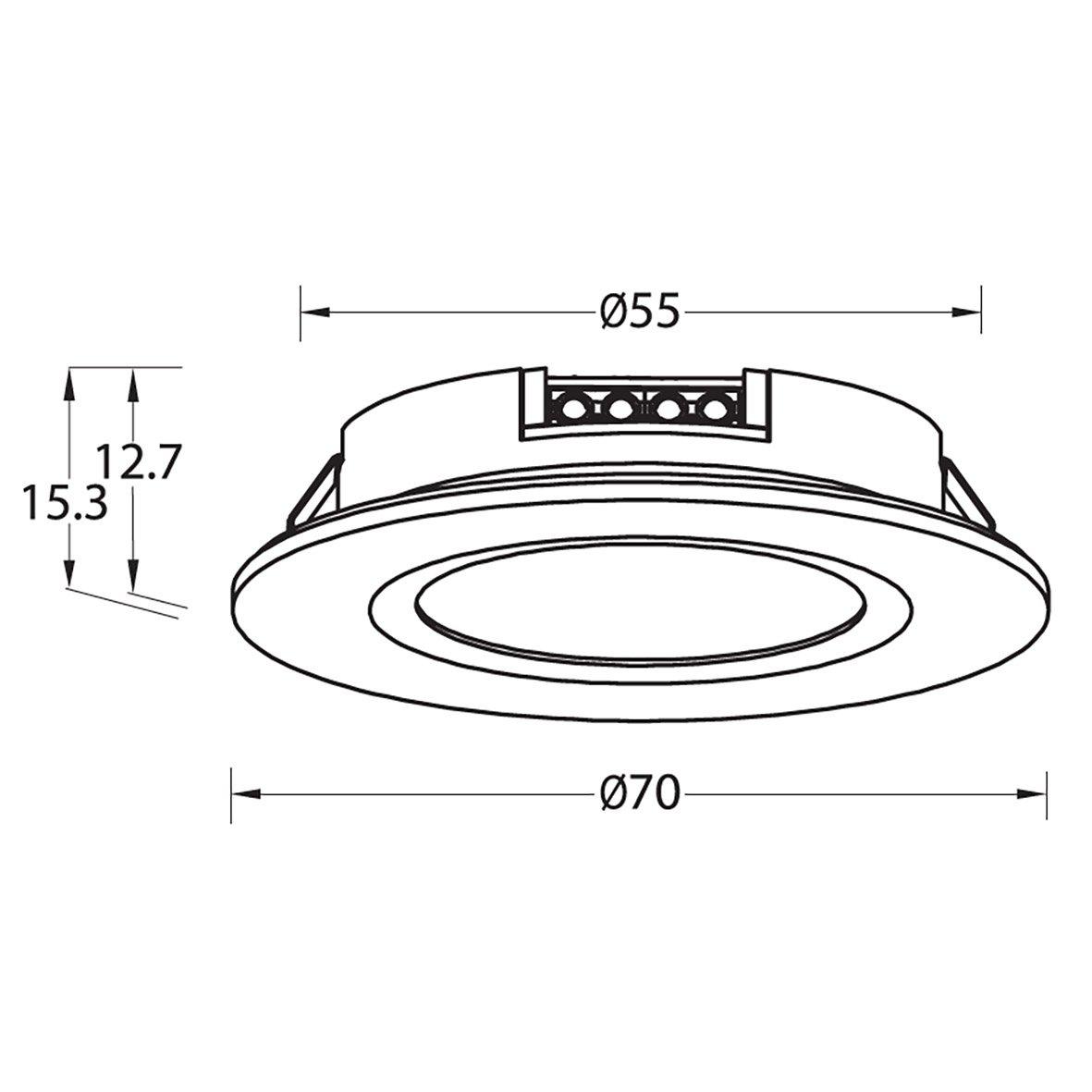 Q-36 Downlight 3000K Svart Fra Designlight - Med en hullst&oslash;rrelse p&aring; 55 mm, en monteringsdybde p&aring; 13 mm og en diameter p&aring; 70 mm, er den egnet for &aring; erstatte de fleste lignende armaturer.