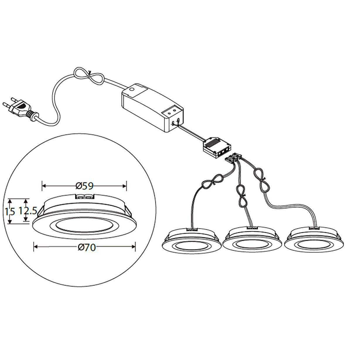 QB-307 Downlight 2700K 3-pk Hvit Fra Designlight - Leveres med 2 m kabel fra plugg til driver og nesten 2 m kabel fra koblingsboks til hver spotlight.