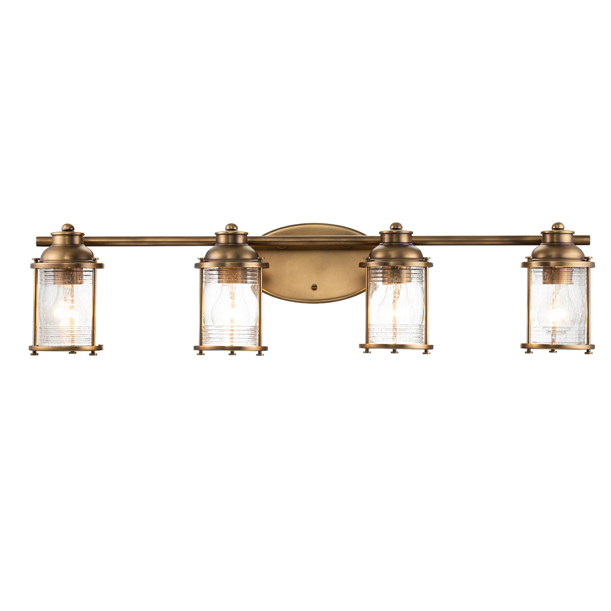 Ashland Bay 85cm Messing baderomslampe Fra Elstead Lighting - Laget av stål og glass, tilbyr den en luksuriøs messingfinish og fire vakkert teksturerte glass som sprer lyset.