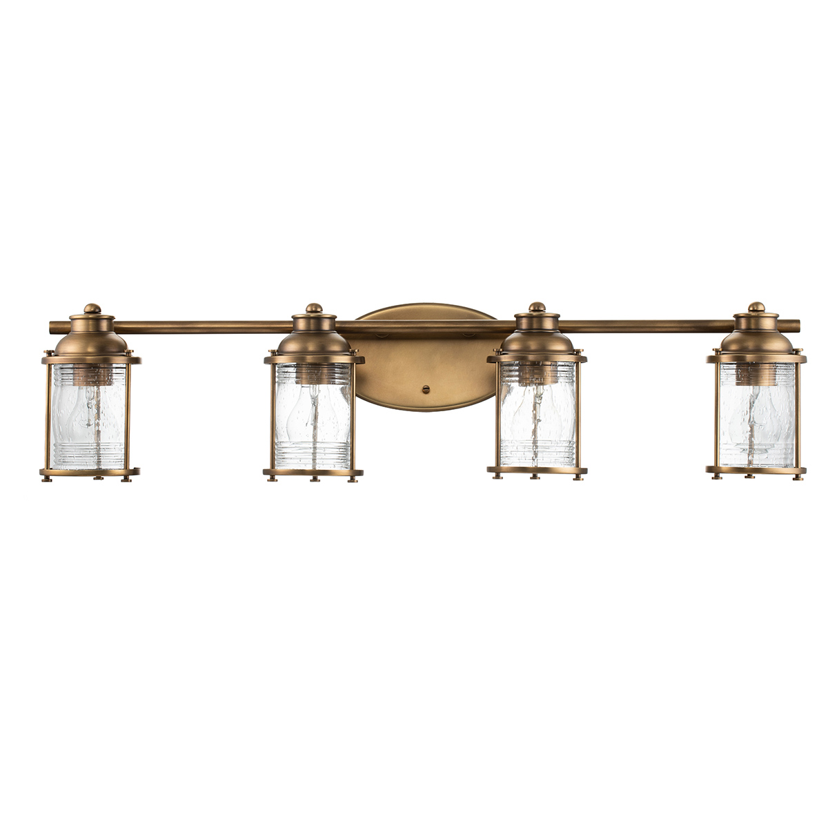 Ashland Bay 85cm Messing baderomslampe Fra Elstead Lighting - Laget av stål og glass, tilbyr den en luksuriøs messingfinish og fire vakkert teksturerte glass som sprer lyset.