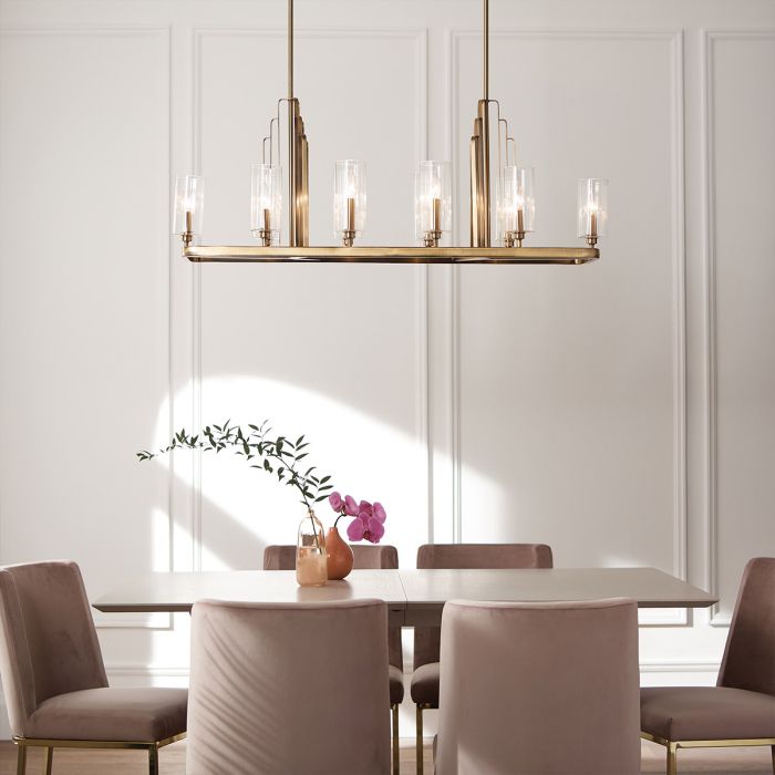 Kimrose 114cm Børstet messing Taklampe Fra Elstead Lighting - De geometriske formene er i fokus og forsterkes av en elegant børstet messingfinish.