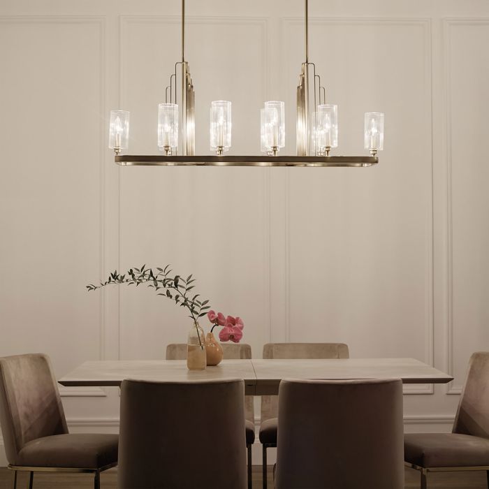 Kimrose 114cm Børstet messing Taklampe Fra Elstead Lighting - De geometriske formene er i fokus og forsterkes av en elegant børstet messingfinish.