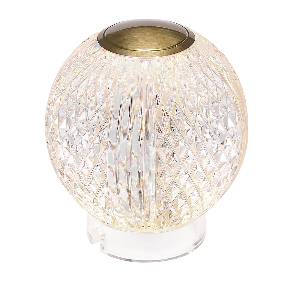Marni 10cm Gjennomsiktig bærbar Fra Elstead Lighting - Marni er en elegant og oppladbar bordlampe med et dekorativt design som kombinerer stål i en naturlig messingfinish med transparent, mønstret akryl.