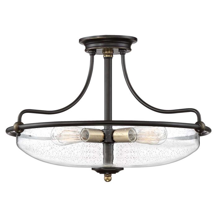 Griffin Ø53 Bronse plafond Fra Elstead Lighting - Den klara bubbelglas-sk&auml;rmen framh&auml;ver ljusk&auml;llorna och ger en bra och fin ljusspridning i rummet.