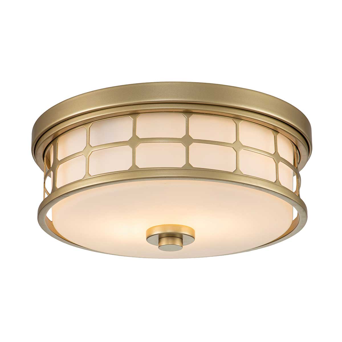 Guardian Ø35 Messing baderomslampe Fra Elstead Lighting - Messingfinishen og den geometriske rammen gir lampen et elegant utseende, mens opalglasset sprer et behagelig og mykt lys.