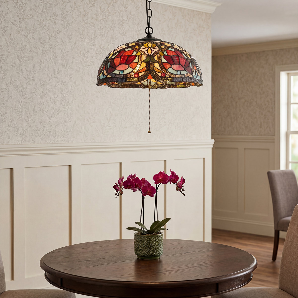 Larissa Ø38 Flerfarget Fra Elstead Lighting - Larissa er en dekorativ taklampe i klassisk Tiffany-stil, laget av st&aring;l med en vakker vintage bronsefinish.