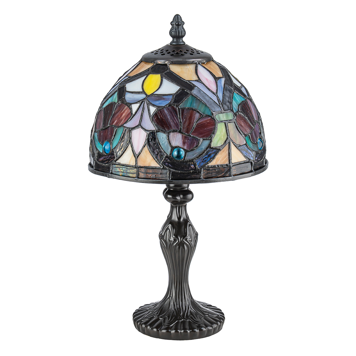 Larissa 37cm Flerfarget Fra Elstead Lighting - Den kuppelformede skjermen består av farget kunstglass i vakre nyanser av rødt, gult, grønt og blått, som sammen danner et detaljert og fargerikt mønster.