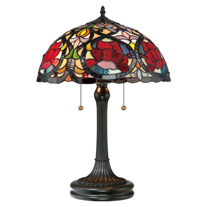 Larissa 58cm Flerfarget Fra Elstead Lighting - Den matchende lampefoten, med sin vintage bronsefinish, kompletterer designet og forsterker det tidløse og sofistikerte uttrykket.