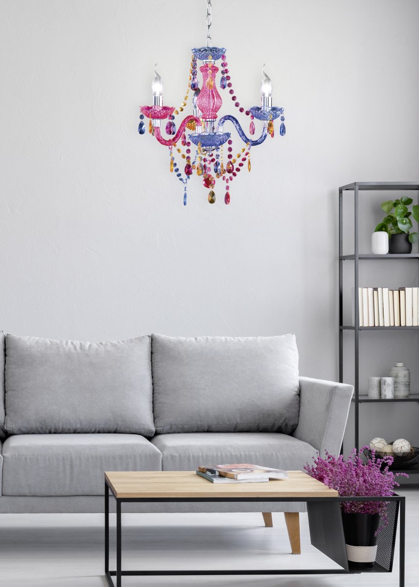 Luster Ø46 Flerfarget barnelampe Fra Trio Lighting - Den glamor&oslash;se, i&oslash;ynefallende fargen passer perfekt inn i barnerom og uvanlige interi&oslash;rstiler, og imponerer med sitt smakfulle design og f&oslash;rsteklasses lysforhold.
