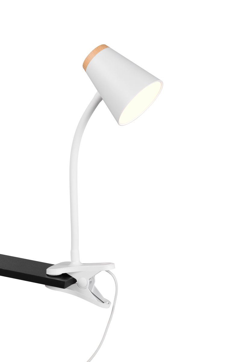 Pongo Hvit klemmelampe Fra Trio Lighting - Pongo er en moderne klemmelampe med dekorative tredetaljer.