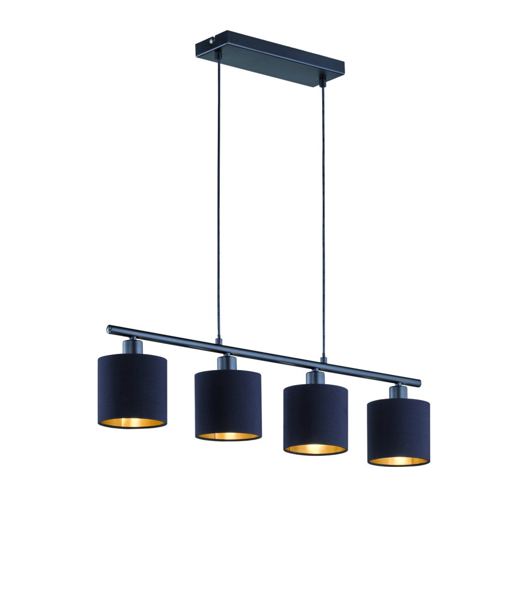Tommy 75cm Svart Taklampe Fra Trio Lighting - Laget i matt svart metall og med elegante tekstilnyanser i svart og gull, skaper Tommy sofistikerte lysaksenter som hever både stue og spisestue, og gir en behagelig feel-good følelse.