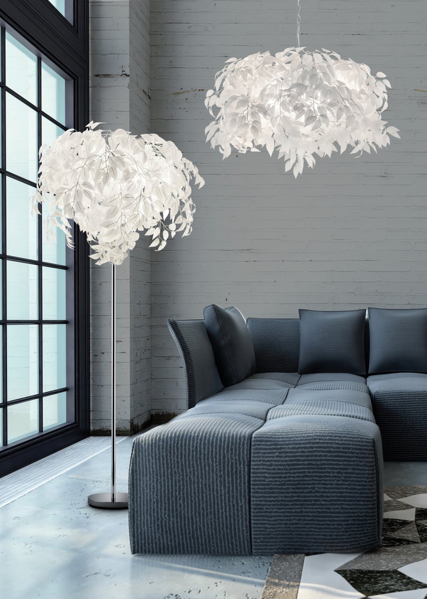 Leavy Hvit gulvlampe Fra Trio Lighting - Leavy gulvlampen er en unik og imponerende funksjon i hjemmet ditt med sine dekorative plastblader som gir den en distinkt og fortryllende stil.