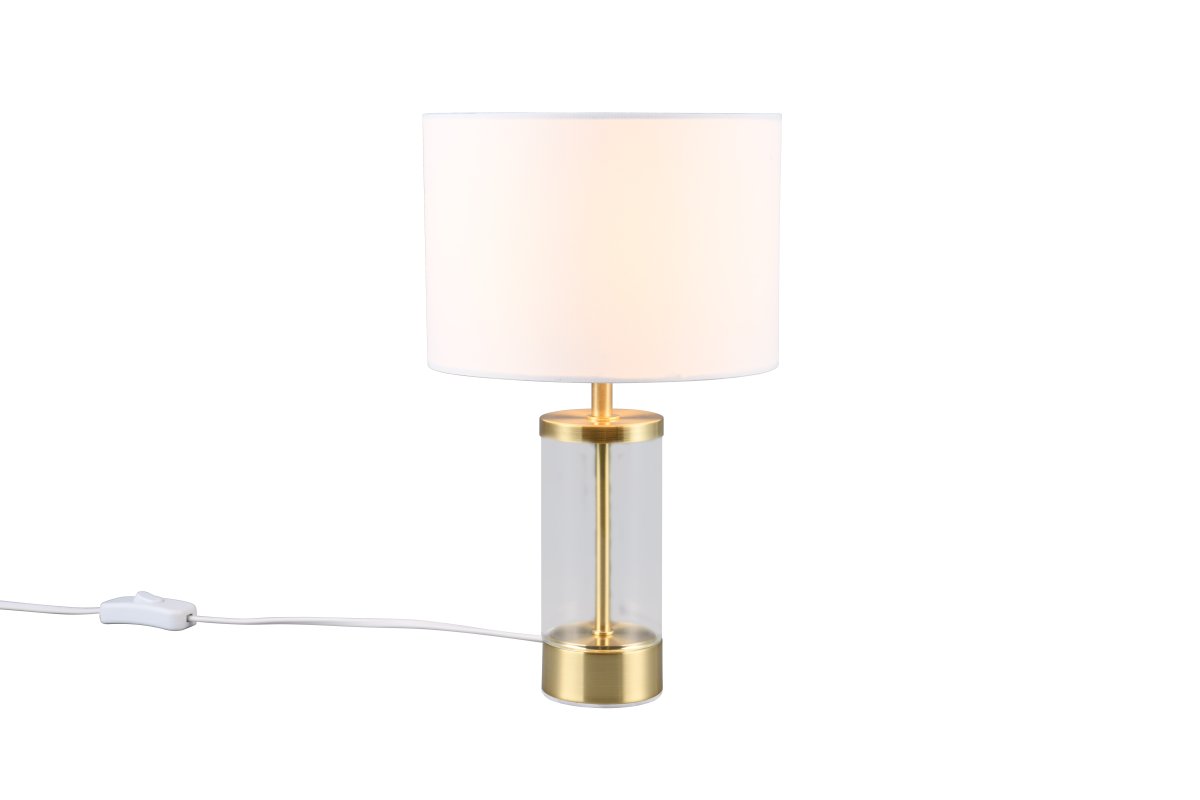 Grazia 34cm Matt messing bordlampe Fra Trio Lighting - Bordlampen Grazia kombinerer en elegant stoffskjerm med en stilig sylindrisk fot i glass og metall, som gir et harmonisk og sofistikert inntrykk.