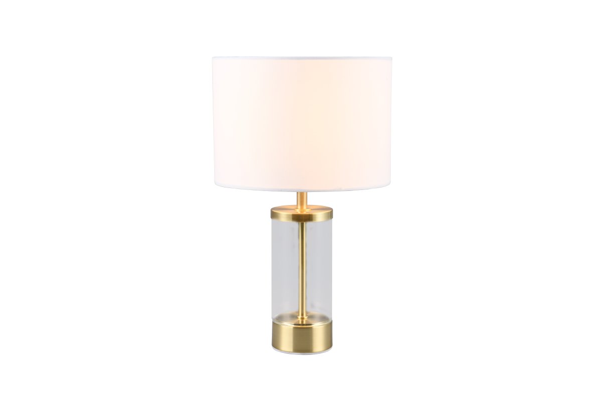 Grazia 34cm Matt messing bordlampe Fra Trio Lighting - Bordlampen Grazia kombinerer en elegant stoffskjerm med en stilig sylindrisk fot i glass og metall, som gir et harmonisk og sofistikert inntrykk.