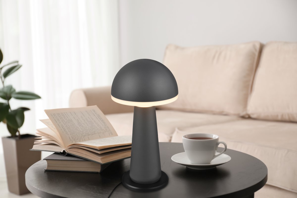 Fungo 30cm Antrasitt bærbar Fra Trio Lighting - Den bærbare Fungo bordlampen kombinerer moderne design med innovative funksjoner, noe som gjør den til en favoritt blant oppladbare lamper.