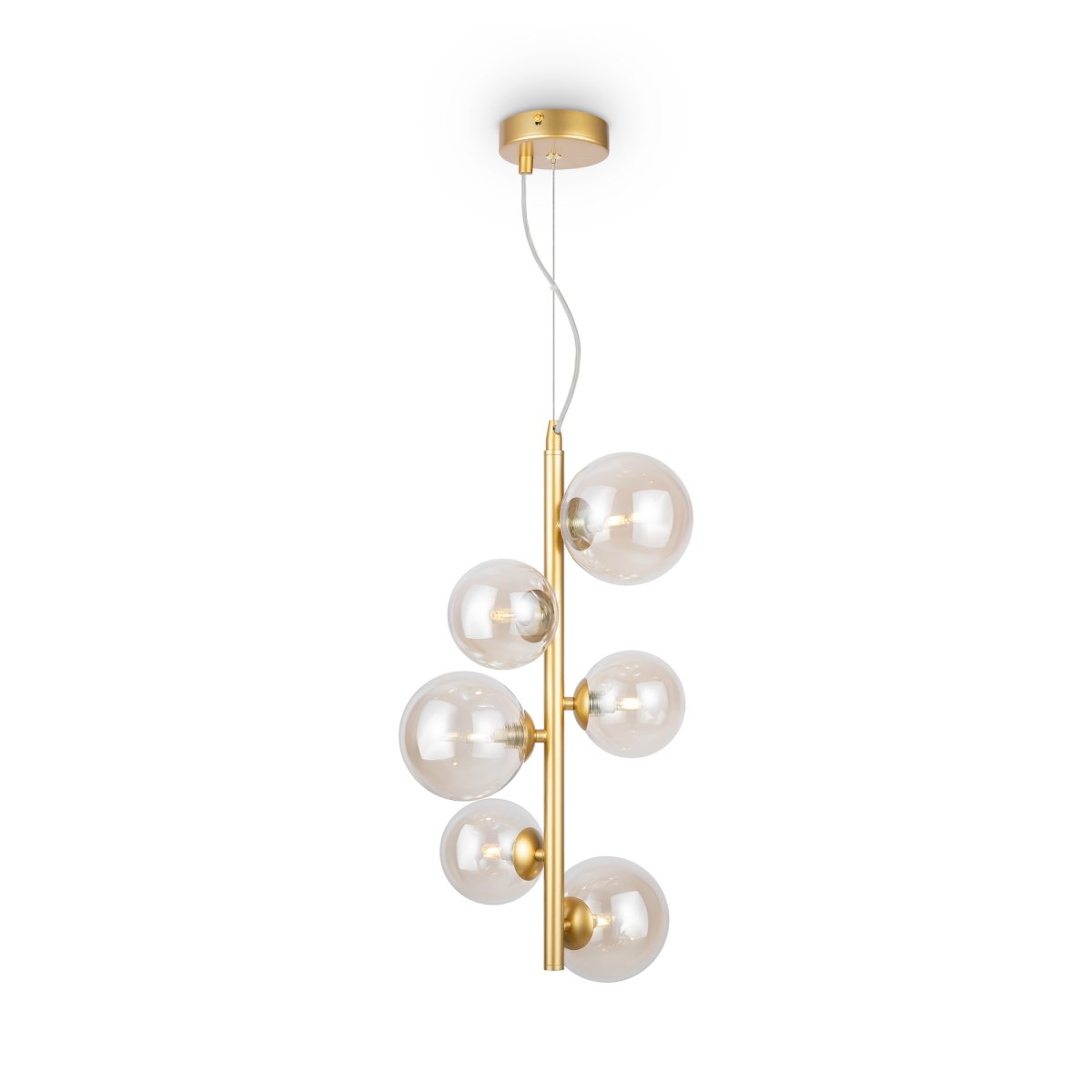 Dallas Ø30 Gull Taklampe Fra Maytoni - Den unike designen med runde glasskupler i forskjellige retninger skaper et dramatisk og elegant lysspill som fyller rommet med varme og karakter.