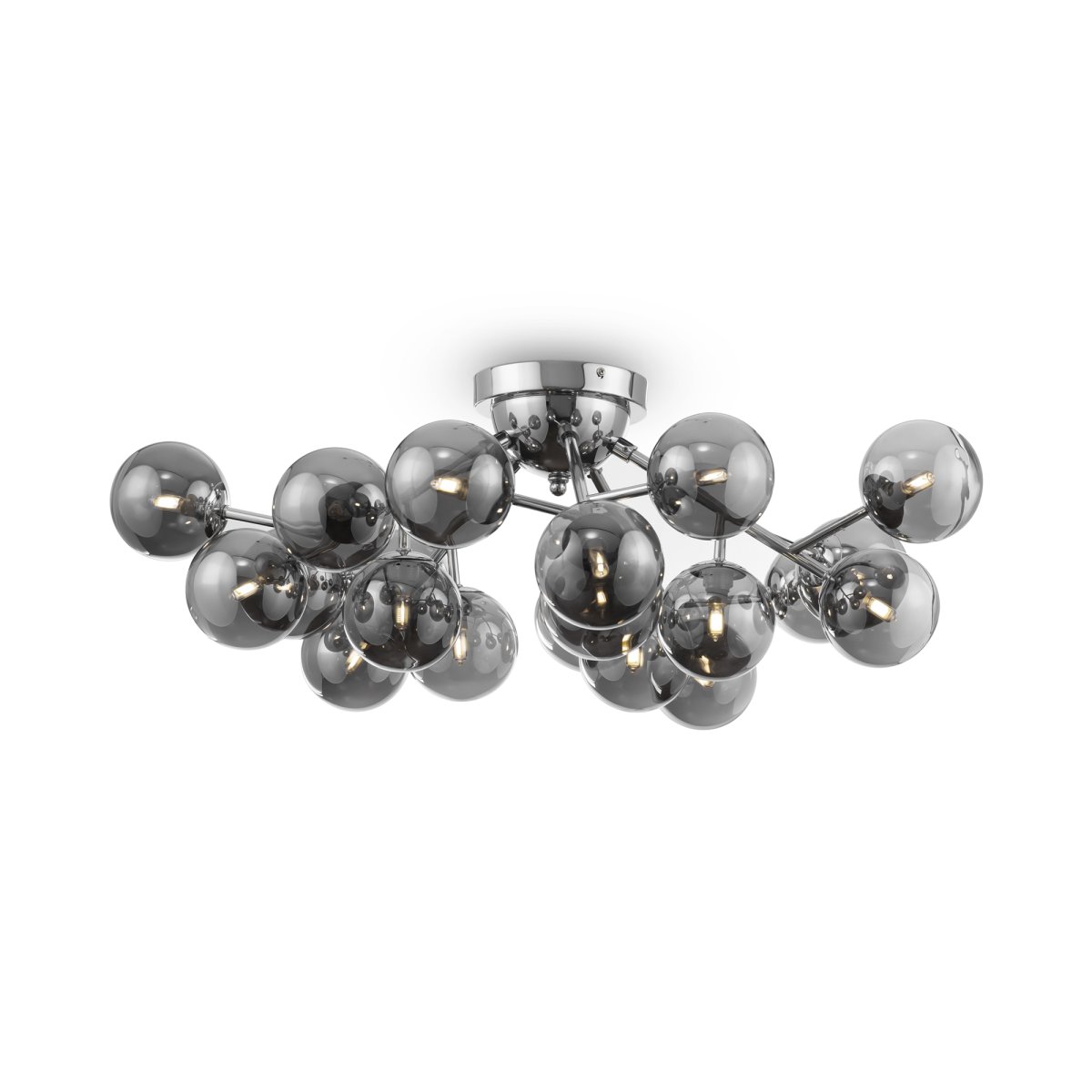 Dallas 20 Krom plafond Fra Maytoni - Den unike designen med runde glaskupler i forskjellige retninger skaper et dramatisk og elegant lysspill som fyller rommet med varme og karakter.