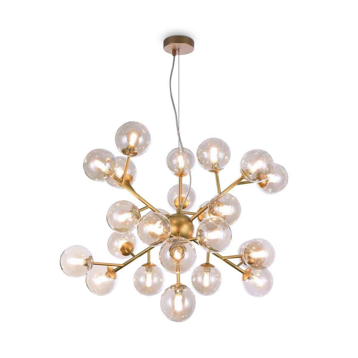 Dallas Ø65 Gull Taklampe Fra Maytoni - Den unike designen med runde glasskupler i forskjellige retninger skaper et dramatisk og elegant lysspill som fyller rommet med varme og karakter.
