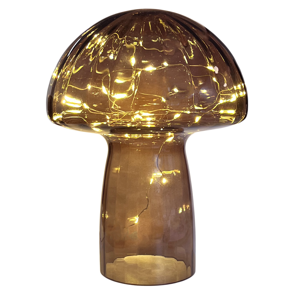 Mushroom 23cm Rødbrun bordlampe Fra Pixie Design - Den er utstyrt med timer og en praktisk 5-trinns dimmer for &aring; justere lyset etter behov, noe som gj&oslash;r den perfekt for b&aring;de arbeidsbelysning og koselig kveldsbelysning.