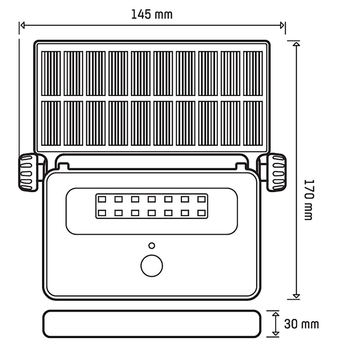 Batteridrevet lyskaster med sensor Svart solcellelampe Fra Designlight - Forutsatt at det er m&oslash;rkt (mindre enn 10 lux) og noen/noe beveger seg i et omr&aring;de 5 m eller n&aelig;rmere armaturen, sl&aring;r den seg p&aring; automatisk og opprettholder lyset i 30 sekunder fra siste registrerte bevegelse.