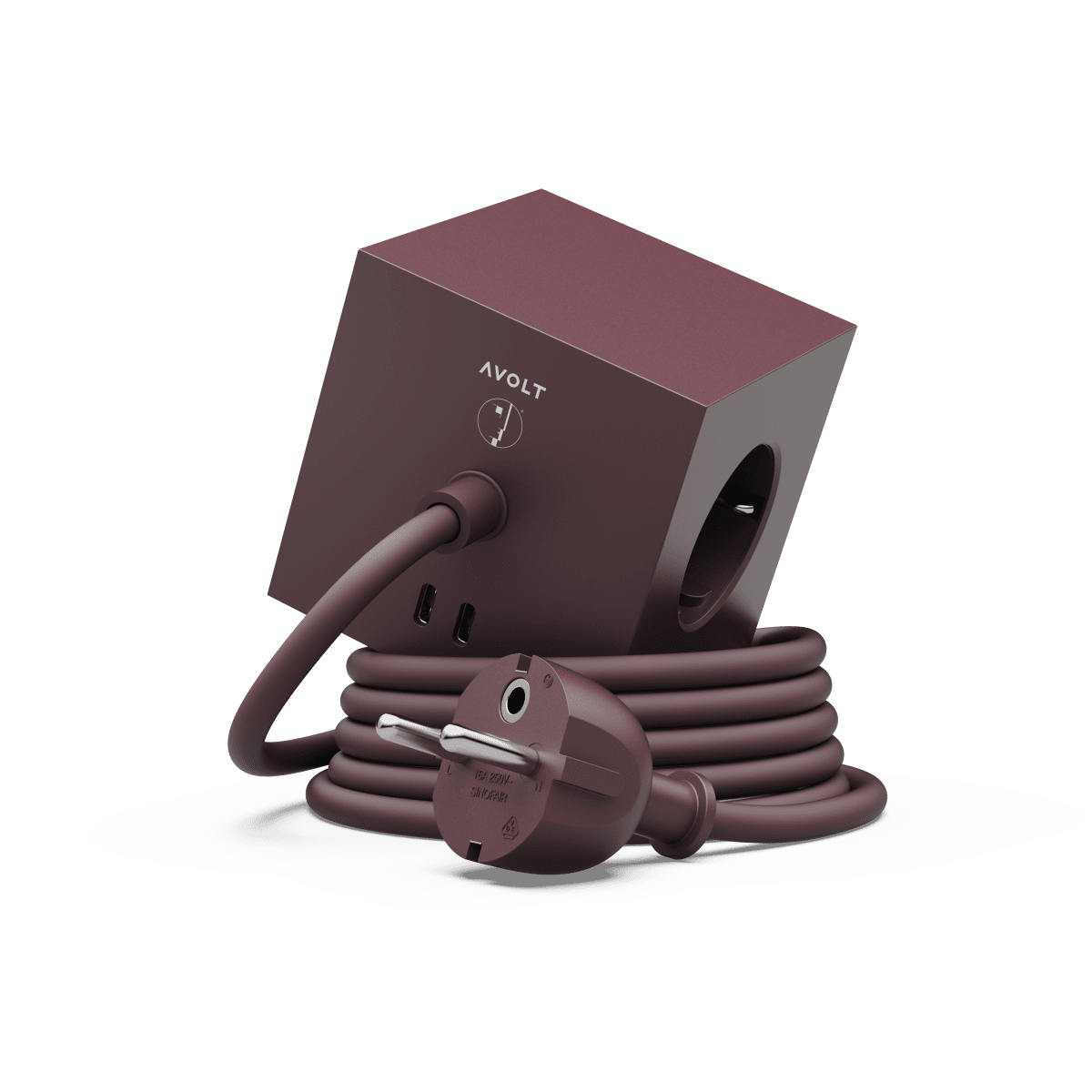 Zoom bilde av Square 1 with 30W Dual USBC & Magnetic base, 1.8m Burgunder Fra Avolt - Bytt fra Avolt med et stilig design med en lang PVC-ledning, en kube laget av resirkulert plast og en magnetisk plate nederst som kan henges p&aring; veggen.
