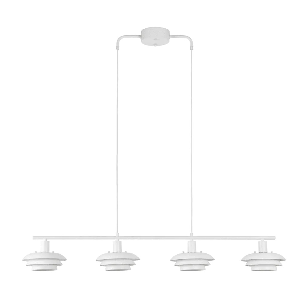 Stealth 120cm Hvit Taklampe Fra Nordic Lighting - Stealth er en stilig taklampe i hvitt metall med fire nedadvendte skjermer som gir et behagelig, rettet lys over for eksempel et spisebord eller kj&oslash;kken.