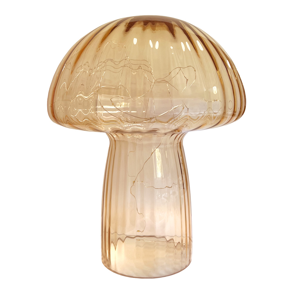 Mushroom 35cm Beige bordlampe Fra Pixie Design - Den er utstyrt med en timer og en praktisk 5-trinns dimmer for &aring; justere lyset etter behov, noe som gj&oslash;r den perfekt for b&aring;de arbeidsbelysning og koselig kveldsbelysning.