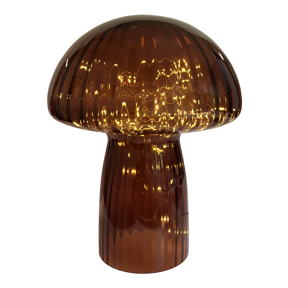 Mushroom 35cm Rødbrun bordlampe Fra Pixie Design - Den er utstyrt med en timer og en praktisk 5-trinns dimmer for &aring; justere lyset etter behov, noe som gj&oslash;r den perfekt for b&aring;de arbeidsbelysning og koselig kveldsbelysning.