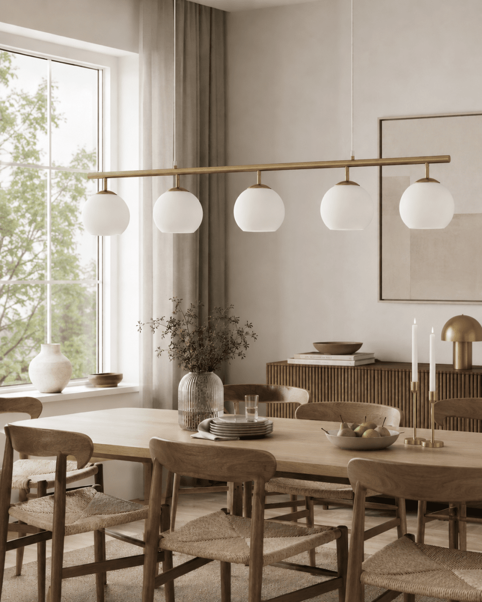 Globi 5 120cm Børstet messing/hvit Taklampe Fra Nordic Lighting - Globi 5 blir et dekorativt blikkfang som passer like godt i moderne hjem som i mer klassiske milj&oslash;er.