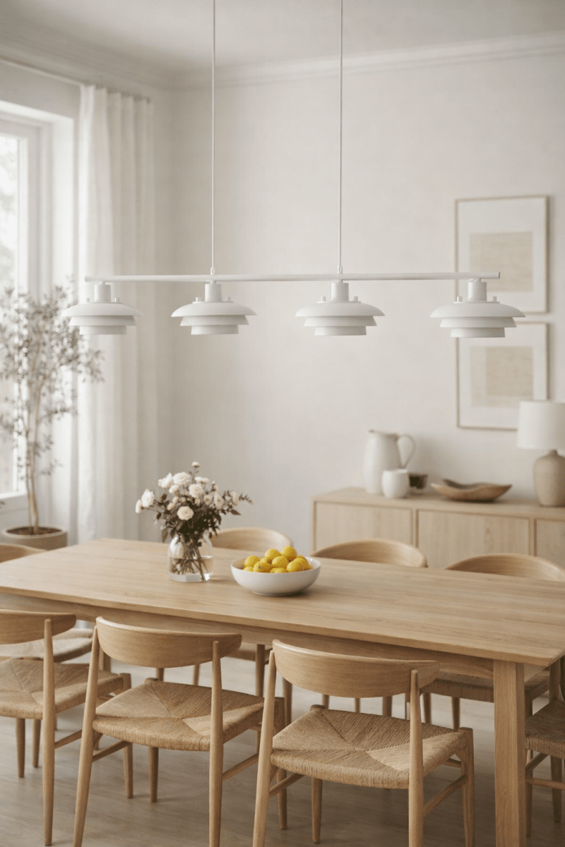 Stealth 120cm Hvit Taklampe Fra Nordic Lighting - Stealth er en stilig taklampe i hvitt metall med fire nedadvendte skjermer som gir et behagelig, rettet lys over for eksempel et spisebord eller kj&oslash;kken.
