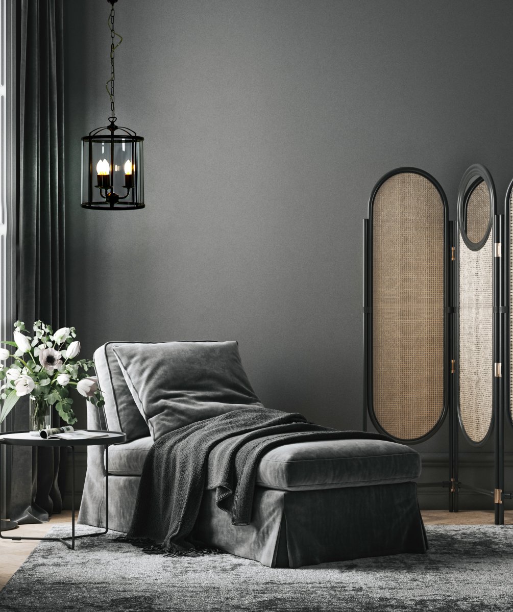 Budgie Ø28 Røykgrå Taklampe Fra Aneta Lighting - Lampen henger i en dekorativ lenke fra en takkopp i metall med krokoppheng.