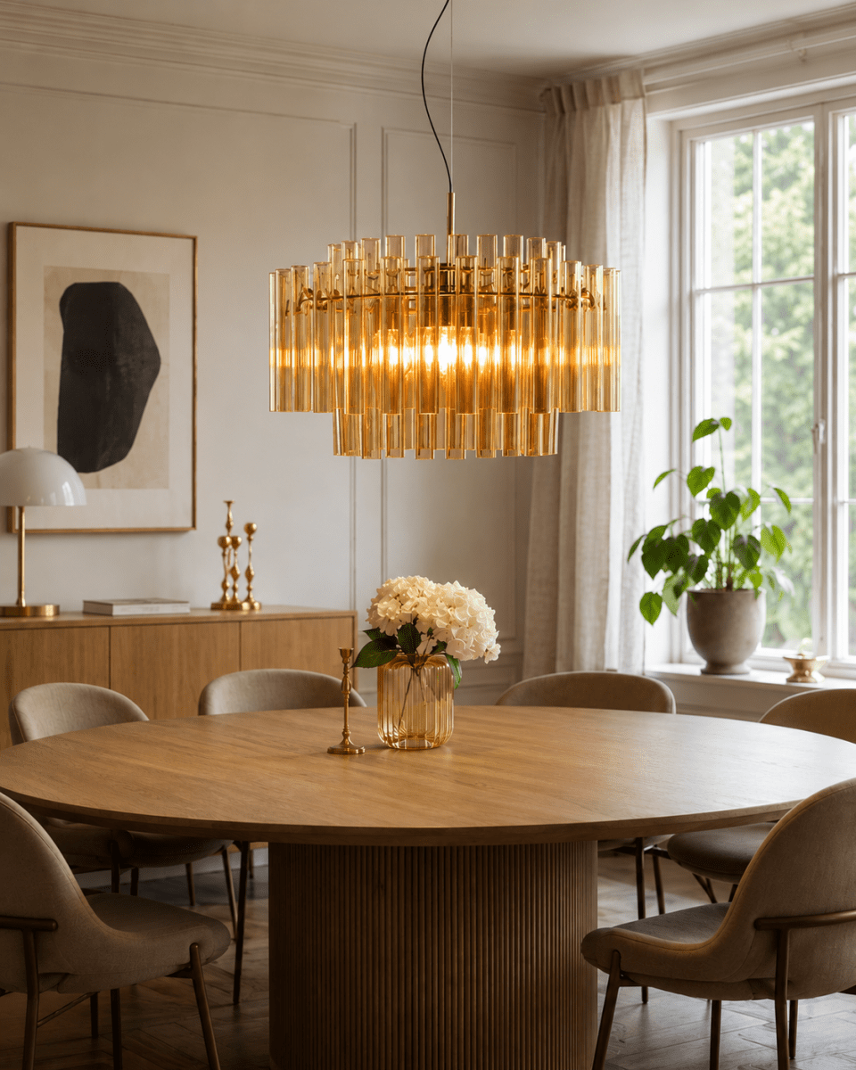 Lancaster Ø54 Messing/rav Taklampe Fra Lampan - Designet med sine rette linjer og varme skjermer gj&oslash;r lampen perfekt i b&aring;de moderne og klassiske milj&oslash;er.