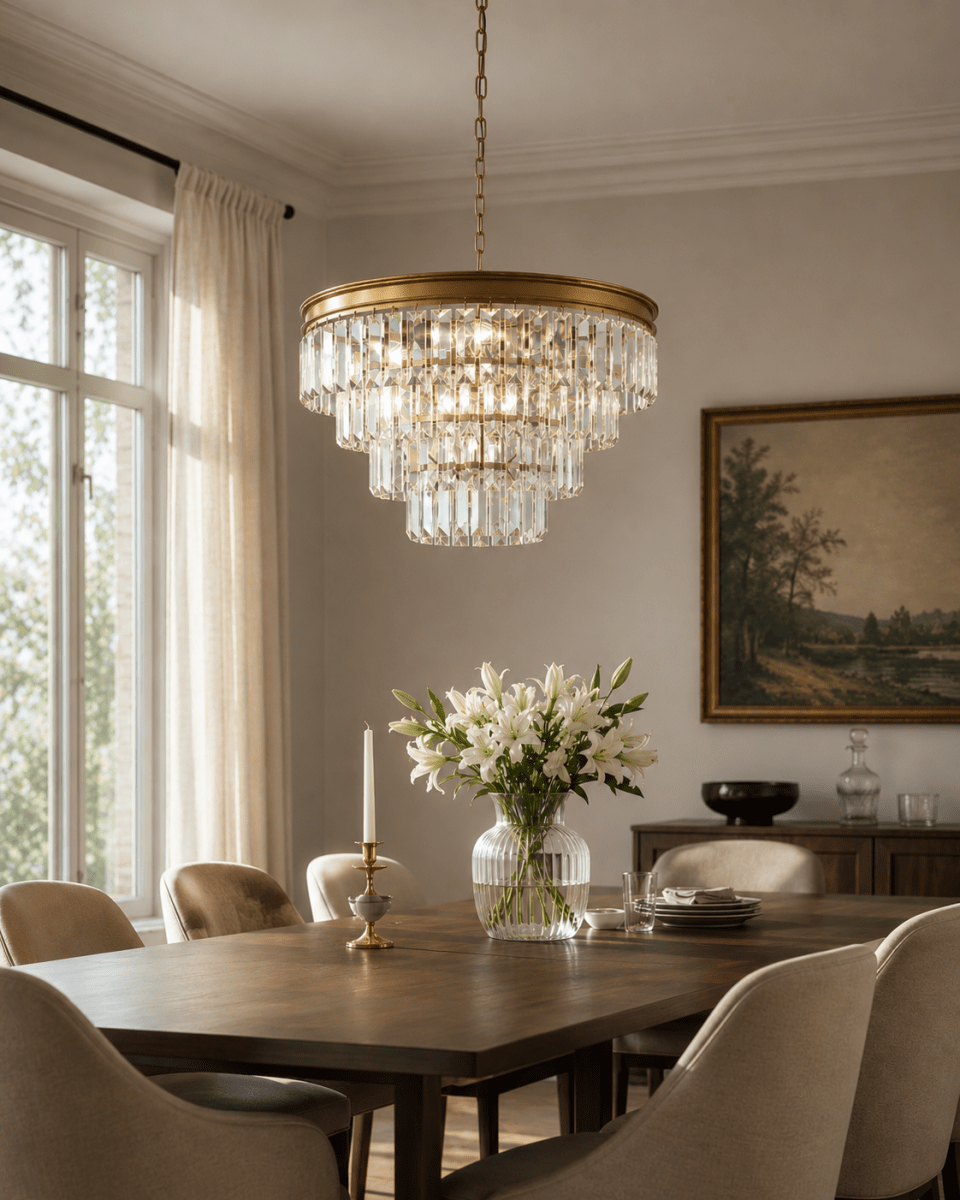 Oxford Ø50 Antikk messing krystall Fra Lampan - Lampen er bygget i flere niv&aring;er med klare prismer som reflekterer lyset p&aring; en glitrende m&aring;te og skaper en varm og innbydende atmosf&aelig;re.