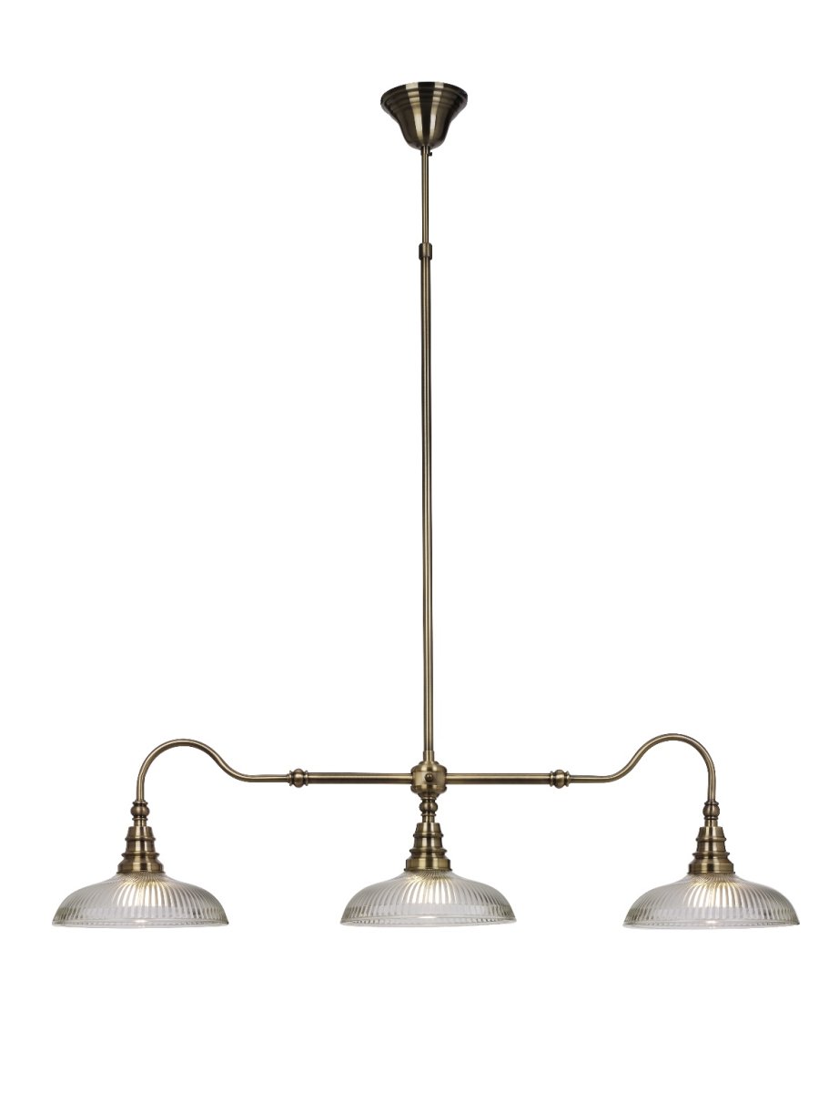 Snooker 107cm Antikk Taklampe Fra Cottex - Snooker-taklampe i metall med antikk messing og klart glass med ribbestruktur er en stilig og elegant lampe som hever atmosf&aelig;ren i alle rom.