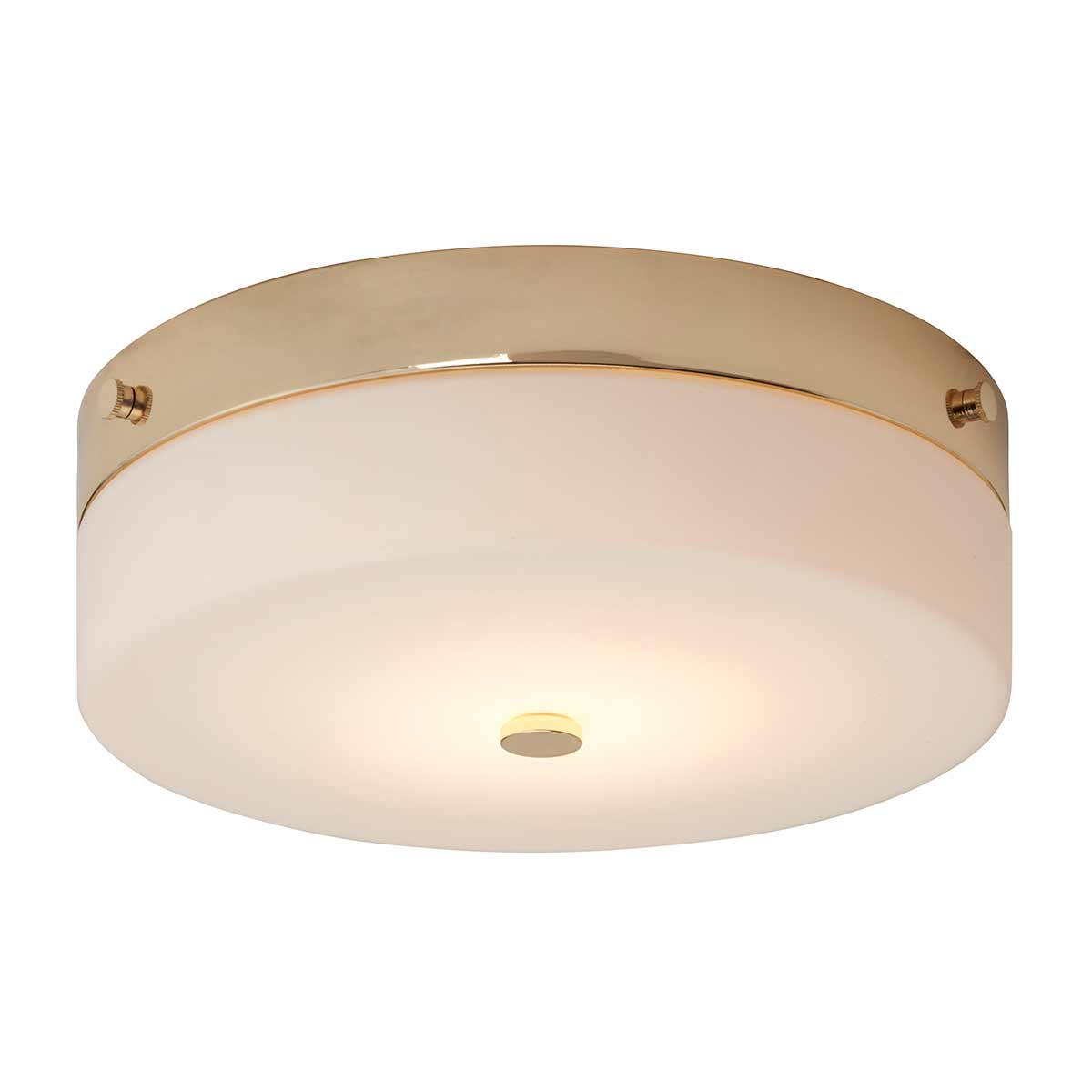 Tamar Ø30 Polert gull baderomslampe Fra Elstead Lighting - Tamar plafond i polert gull er en stilig og funksjonell belysningsløsning, perfekt for baderom takket være IP44-klassifiseringen, men også egnet for korridorer og rom med lav takhøyde.