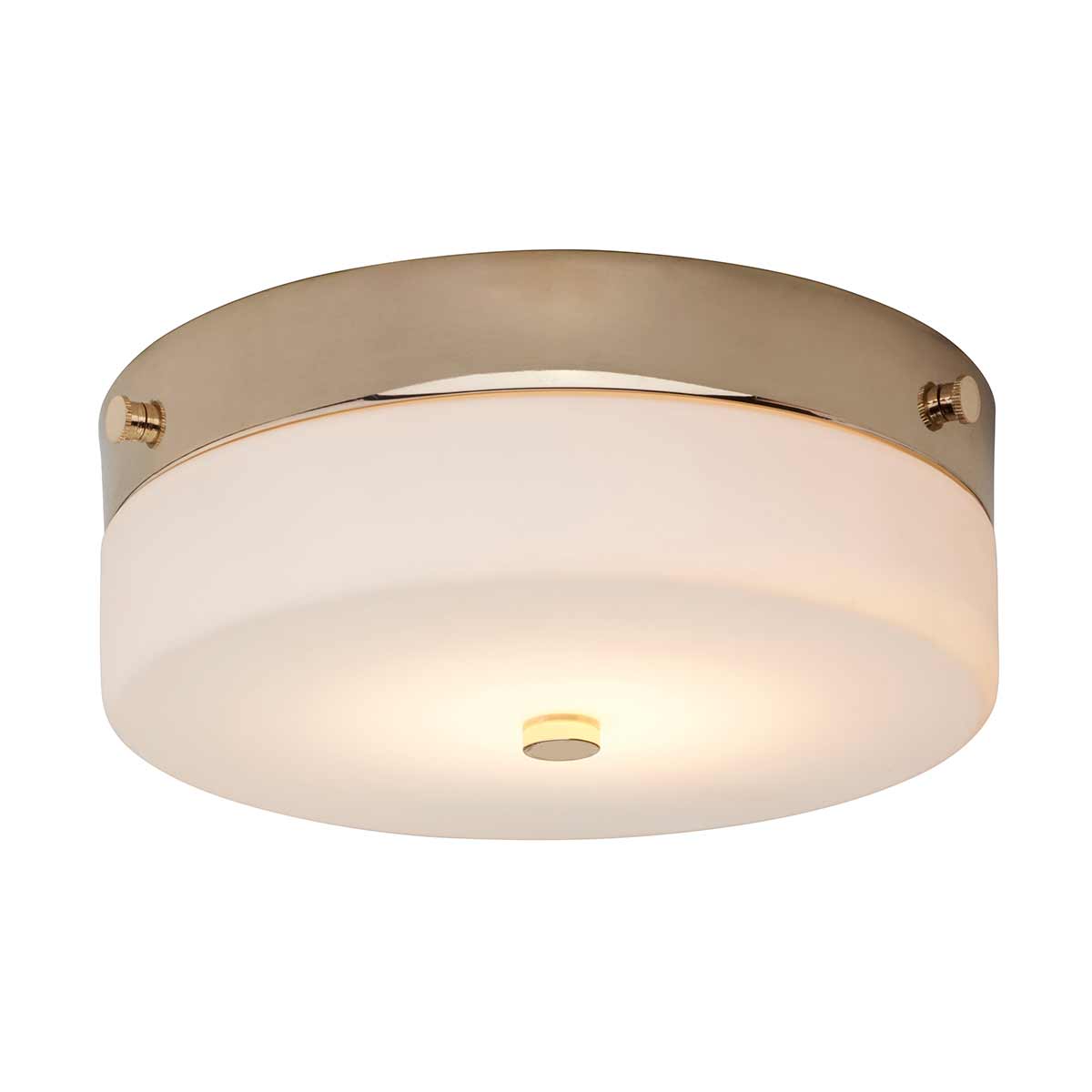 Tamar Ø24 Polert gull baderomslampe Fra Elstead Lighting - Tamar plafond i polert gull er en stilig og funksjonell belysningsløsning, perfekt for baderom takket være IP44-klassifiseringen, men også egnet for korridorer og rom med lav takhøyde.