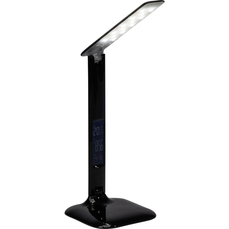 Glenn 55cm Svart skrivebordslampe Fra Brilliant - Det justerbare lampehodet og leddene gjør det enkelt å rette lyset dit det trengs, og lampen er utstyrt med både en USB-port for lading og en klokke med alarm-, dato- og temperaturvisning.