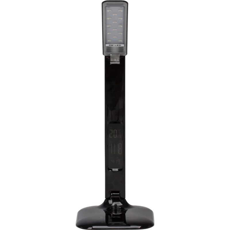 Glenn 55cm Svart skrivebordslampe Fra Brilliant - Det justerbare lampehodet og leddene gjør det enkelt å rette lyset dit det trengs, og lampen er utstyrt med både en USB-port for lading og en klokke med alarm-, dato- og temperaturvisning.