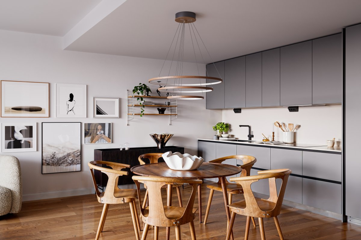 Trione Ø80 Valnøtt Taklampe Fra By Rydéns - Hver ring (80 cm, 60 cm og 40 cm i diameter) kan enkelt justeres i h&oslash;yde og posisjon med lampens wirefeste.