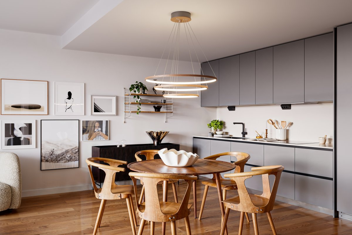 Trione Ø80 Valnøtt Taklampe Fra By Rydéns - Hver ring (80 cm, 60 cm og 40 cm i diameter) kan enkelt justeres i h&oslash;yde og posisjon med lampens wirefeste.